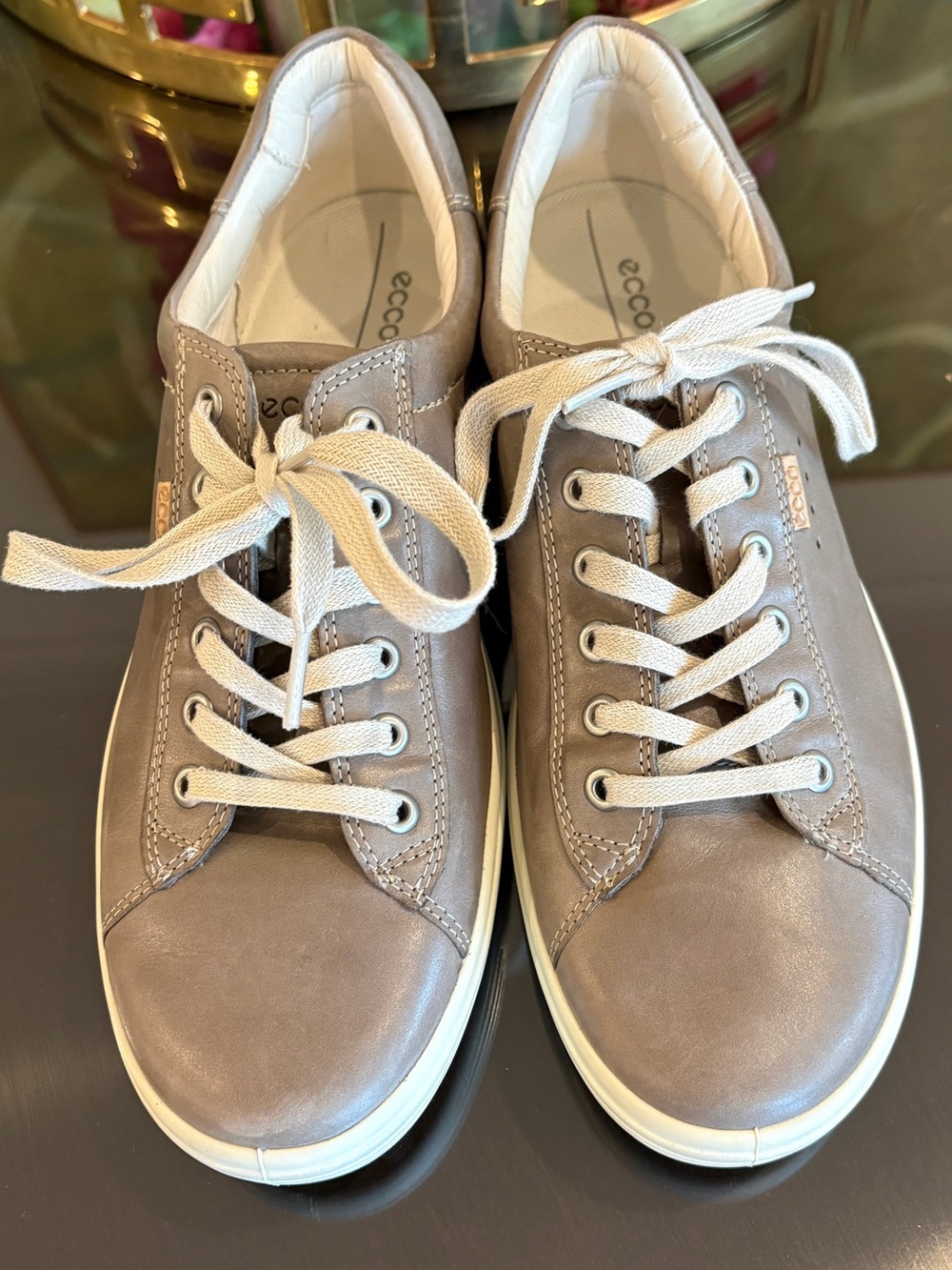 ECCO Soft 7 l Sz 41 Ladies Leather Sneakers Taupe Grey
